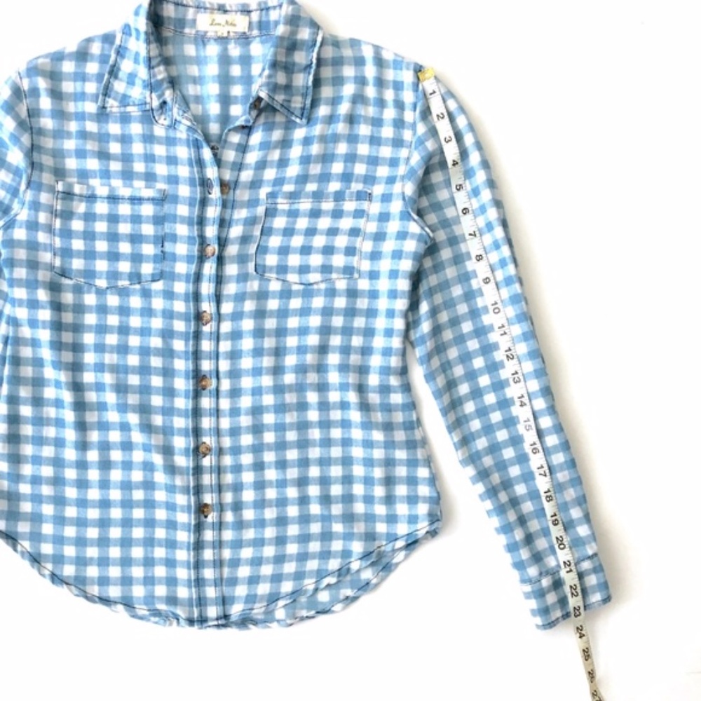 Love Notes Blue Button Down Plaid Checkered Top - image 7